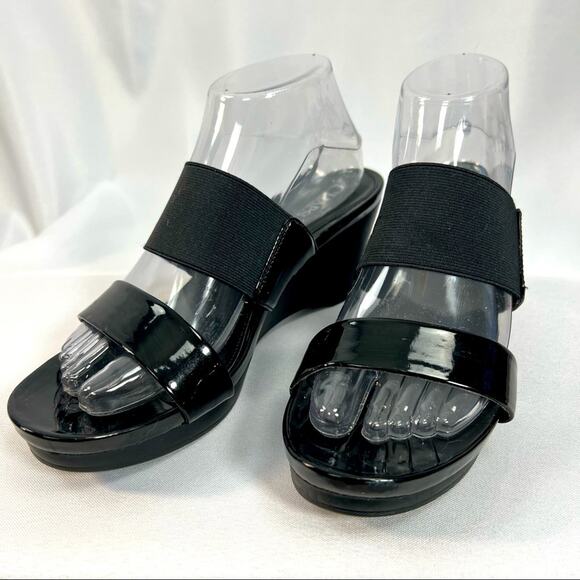 Chaps Rhoda black patent leather stretch slide on wedge open toe heel sandals 9 - Picture 2 of 7